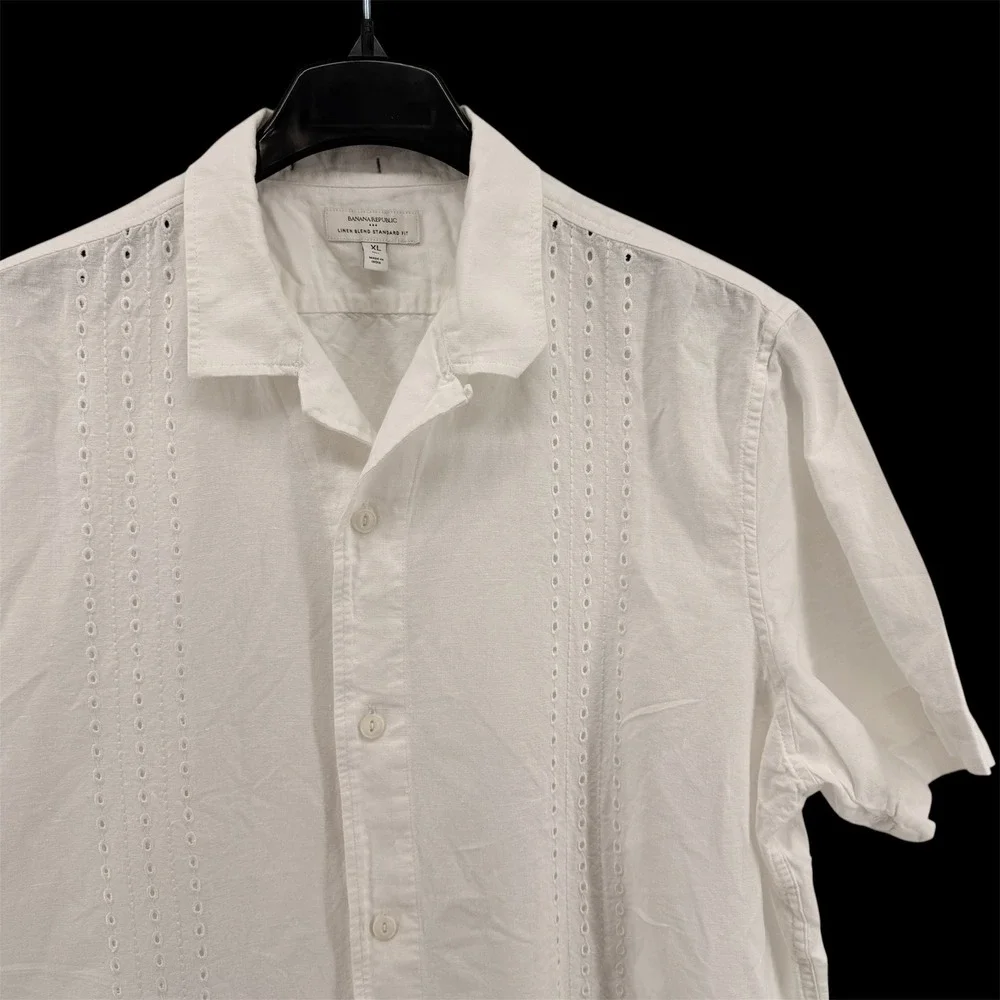 Banana Republic Button Up Shirt Mens XL Tall Pre-Owned White Eyelet Linen Blend